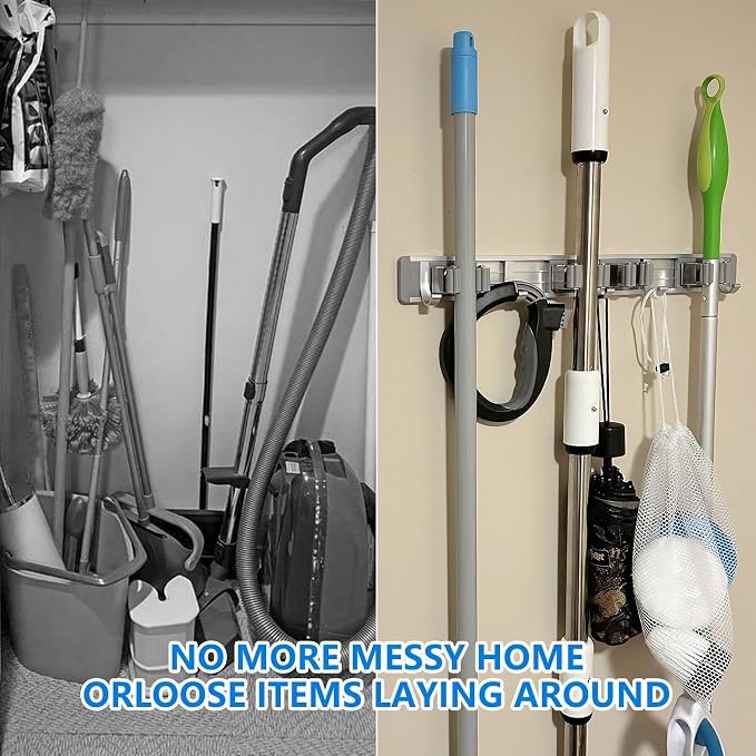 reliahom Broom Holder Wall Mount Mop Hanger Tools organizer 4Racks 5Hooks | Adjustable Stick or Screw Mop Broom Wall Hanging Tool Storage Rack Space-saving for Garage,Kitchen,Laundry Room,Garden,Silver - Image 5