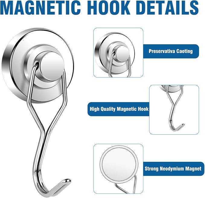 Magnetic Hooks 80LBS Swivel Swing Magnet Hooks Heavy Duty 10 Pack | Strong Neodymium Magnetic Hook for Cruise Cabins Refrigerator Hanging Garage Workshop Office and Kitchen Silver - Image 4