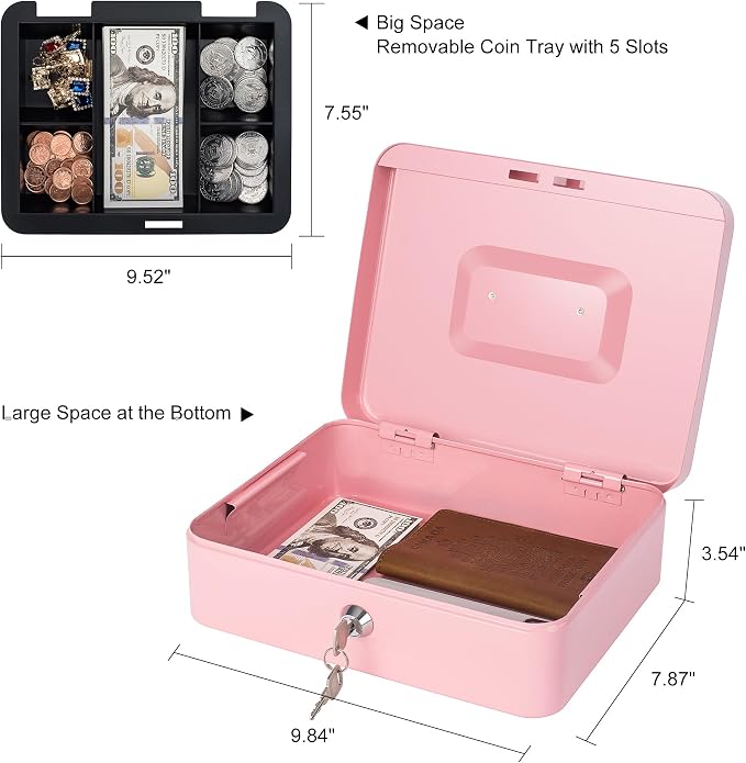 Cash Box with Lock and Money Tray Metal Money Box Large Cash Lock Box for Money 9.84" x 7.87" x 3.54" Pink Larger - Image 4