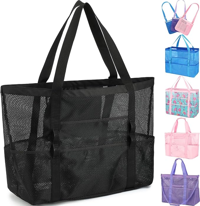 Fammart Mesh Beach Bag for Women, Large Beach Toy Pool Bag with Zipper Pocket, SandProof Cruise Essentials 2026 Family Travel by Fammart