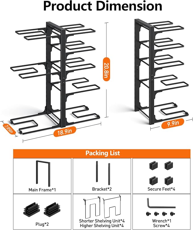 MUDEELA 8-Tier Heavy-duty pan organizers inside cabinet, 20.8" H Black | Adjustable 20.8" Height, Heavy-duty pot rack, Holds big stockpots, cookware & skillets, Fits countertops, Kitchen storage - Image 6