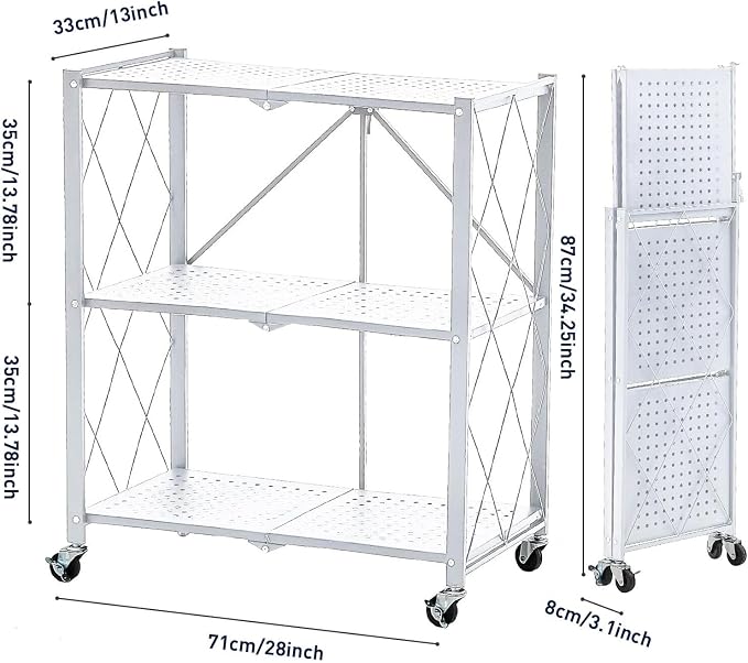 BRIAN & DANY 3-Tier Foldable Storage Shelves with Wheels, No Assembly Folding Shelf Metal Rack, Shelving Unit for Kitchen, Garage, White - Image 3