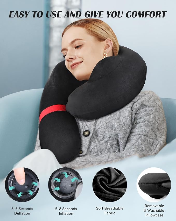 Patented Design Inflatable Travel Neck Pillow – Airplane Neck Pillow with 360° Head & Neck Support, Soft Washable Velvet Cover, Compact Neck Support Pillow for Airplane,Train,Car,Office & Home (Black) - Image 2