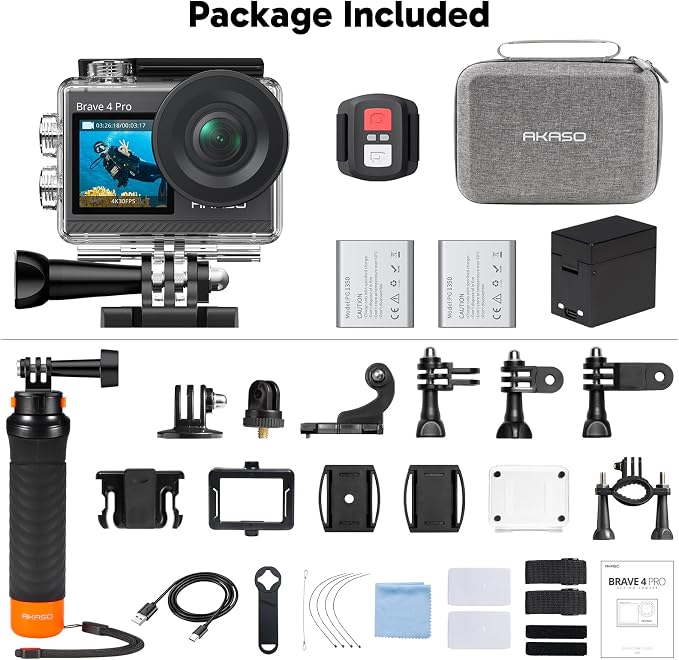 AKASO Brave 4 Pro Action Camera with Floating Hand Grip Carrying Bag Bundle | 131FT Underwater Waterproof Camera 20MP EIS Touch Screen WiFi 5X Zoom with 2x1350mAh Batteries and Helmet Accessories Kit - Image 9