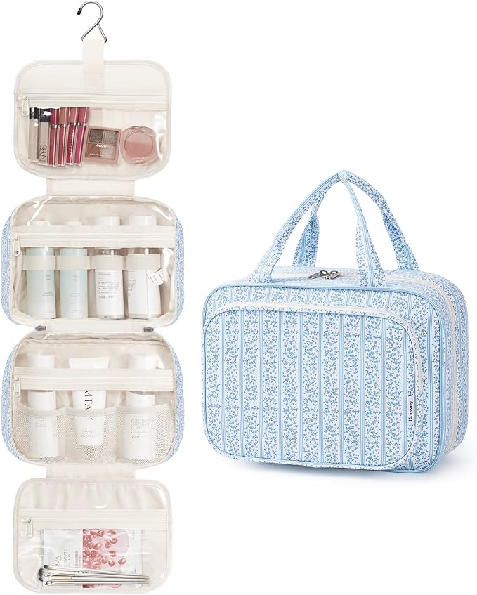 Narwey Hanging Toiletry Bag for Women Travel Makeup Bag Organizer Toiletries Bag for Travel Size Essentials Accessories Cosmetics (Blue Flower Buds (Medium)) - Image 2