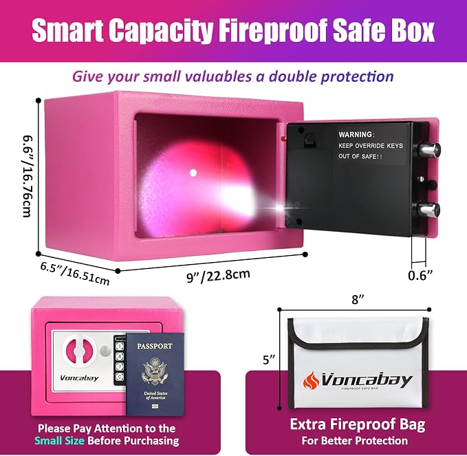 Voncabay Money Safe Box for Home with Digital Keypad, 0.23 Cu. Ft., Pink | Alloy Steel, Sensor Light, Fireproof Bag Included, 2 Override Keys, 4 Mounting Screws, Carpeted Mat, 9 x 6.6 x 6.5 In. - Image 5