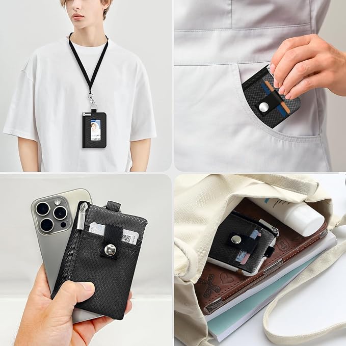 Minimalist RFID Blocking Small Wallet with ID Window,WaterResistant Zip Id Case Wallet with Lanyard Keychain for Cards,Cash,Travel,Women,Men (Black/DarkGrey) - Image 9