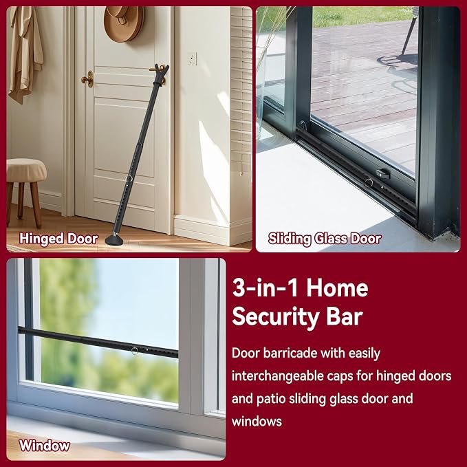 Door Security Bar, Heavy Duty Sliding Glass Door Security Bar for Front Door, 3-in-1 Adjustable Door Barricade from Inside, Door Stoppers with Lock Pin for Home Apartment Safety Protection, Black - Image 2