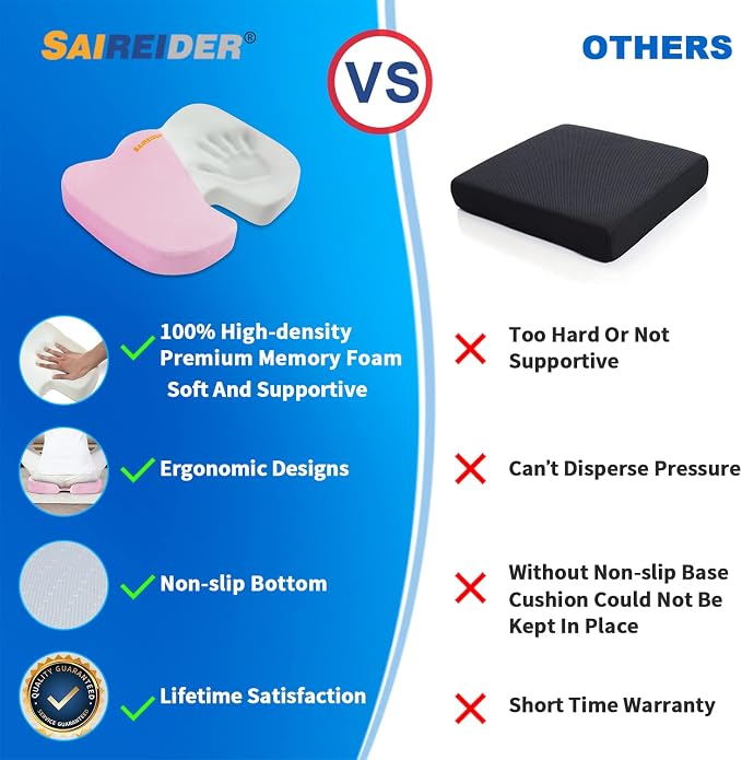 SAIREIDER Office Chair Cushion, Car Seat Cushion, Memory Foam Coccyx Cushion Pads for Tailbone Pain, Sciatica Relief Pillow, Correct Sitting Posture (Pink) - Image 4