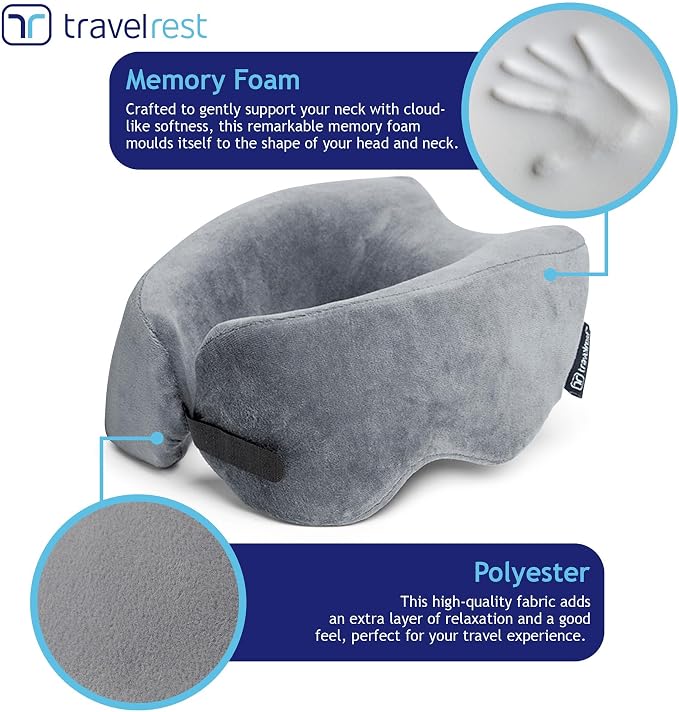 TRAVELREST Nest Neck Pillow Travel Essentials - Memory Foam Support - Grey | Breathable, Compact, Soft and Comfortable Design, Head & Shoulder Support For Long Flight Travel, Lightweight Washable Cover - Image 2