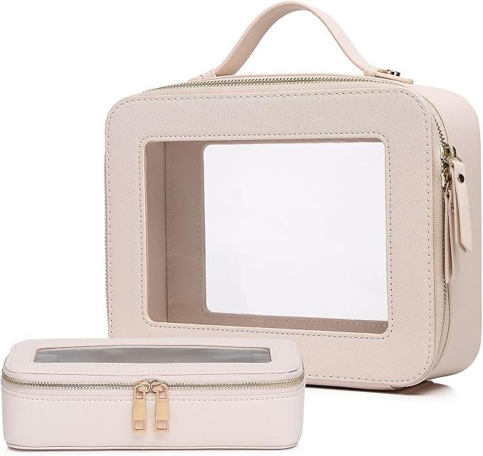Pinkmik Clear Makeup Bag with Brush Bag, (Beige, L+SLIM) | 2pcs, Waterproof, Travel Case for Cosmetics and Toiletries, Women's Cosmetic Organizer, with Zipper by Pinkmik