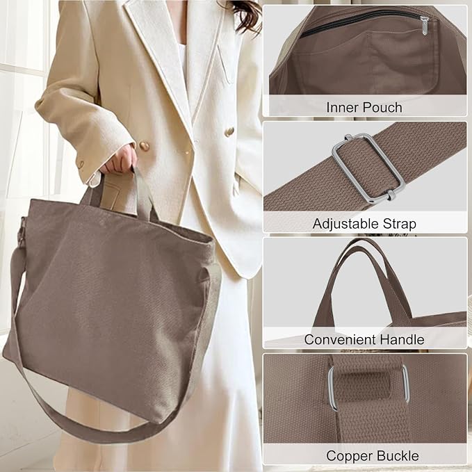 Women's Canvas Tote Bag inside Out Bag with Adjustable Crossbody Strap for Work Travel Shopping Durable Handbag for Men - Image 5