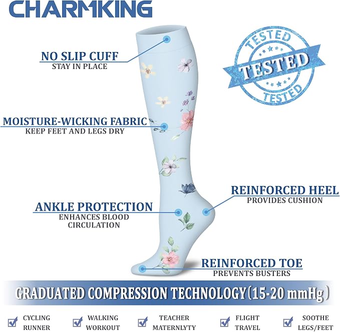 CHARMKING Compression Socks for Women & Men Circulation (8 Pairs) 15-20 mmHg Best Calf Socks Support for Athletic Cycling - Image 4
