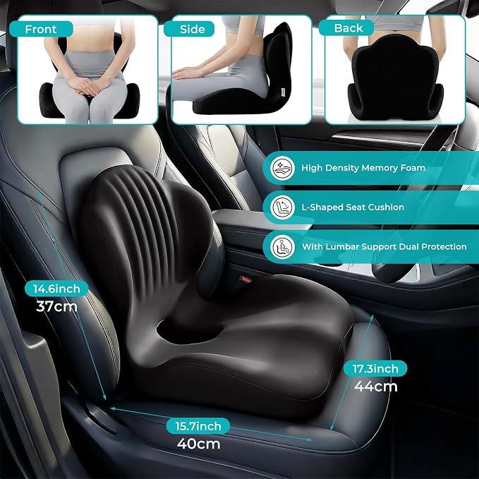 Memory Foam Seat Cushion with Lumbar Support Pillow for Truck Driver, Ergonomic L-Shaped Car Seat Cushion for Tailbone Pressure Relief, Non-Slip Chair Pad for Long Driving, Black - Image 2