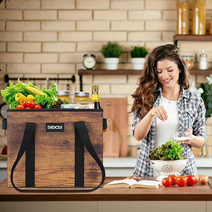 Reusable Grocery Bags - Heavy Duty Reusable Shopping Bags with Hard Bottom & Long Handles, Foldable Large Utility Tote Bag with Box Shape to Stand Up - for Kitchen, Picnic, 3 Pack, Rustic Brown - Image 7
