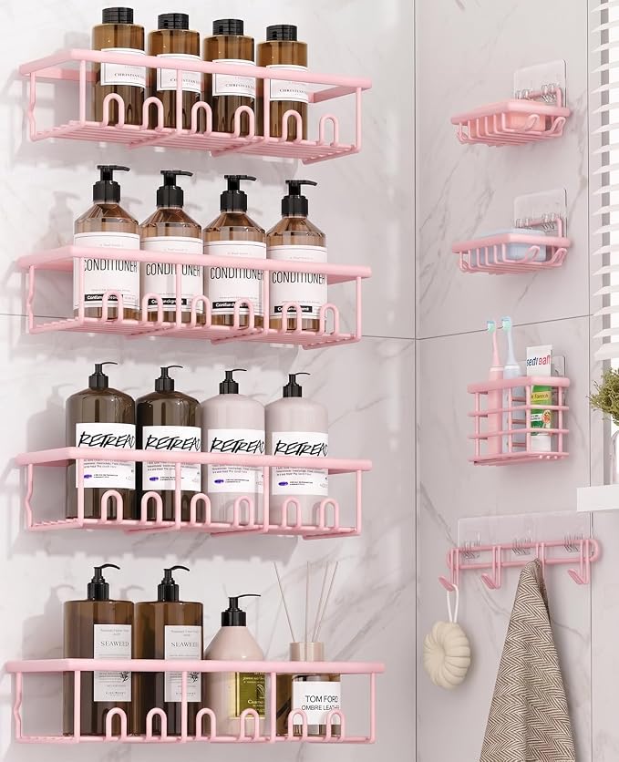 8 Pack Adhesive Rustproof Shower Caddy with Soap Dishes, Toothbrush Holder & Hooks, Large Capacity No-Drilling Shower Shelves Rack for Bathroom Organizers and Storage Accessories, Pink by Unknown