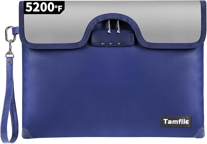 5200°F Fireproof Money Bag with Lock, Water Fireproof Document Bag with Zipper, 8 Layers Fire Insulation, Fireproof Safe Storage Pouch with Lock for Cash, Passport, Certificate(10" x 13", Blue) by Tamfile