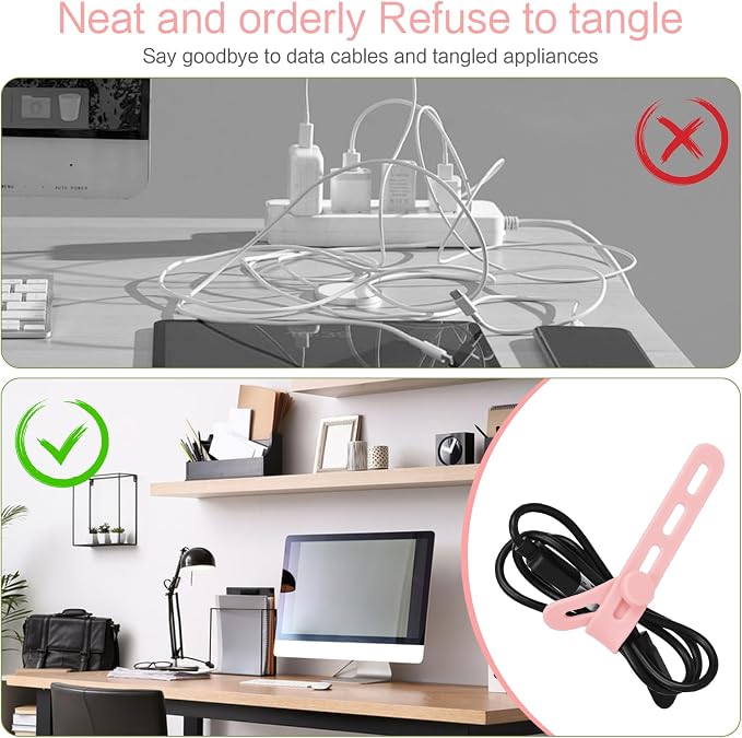 Donruby 24Pcs Silicone Cable Ties - Reusable & Washable with Locking Buckles, Adjustable Fastening Cable Management Straps, Multi-Purpose High Elasticity Cord Organizer (Pink) - Image 7