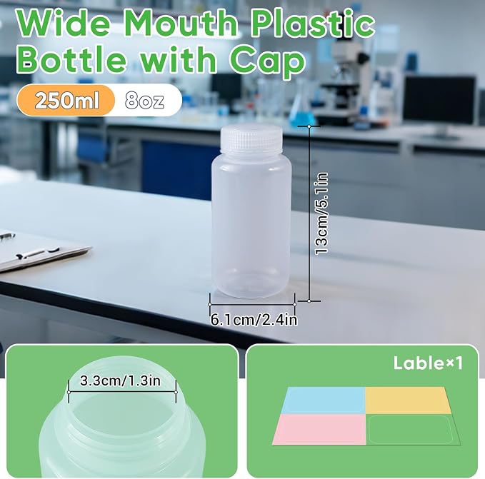 DEMORA 8 oz Plastic Bottles with Lids, Airtight Refillable Wide Mouth Travel Bottles for Toiletries, PP Food Grade Plastic Containers for Liquids Pill Water Sample Lab Reagent (Clear, 2 Pcs) - Image 8