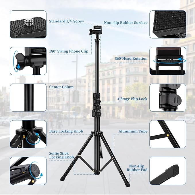 Phone Tripod Stand, 70" Selfie Stick Cell Phone Tripod with Remote | Phone Holder/Carry Bag, Aluminum Alloy Selfie Stick Tripods, Compatible with iPhone Samsung GoPro Smartphone - Image 8