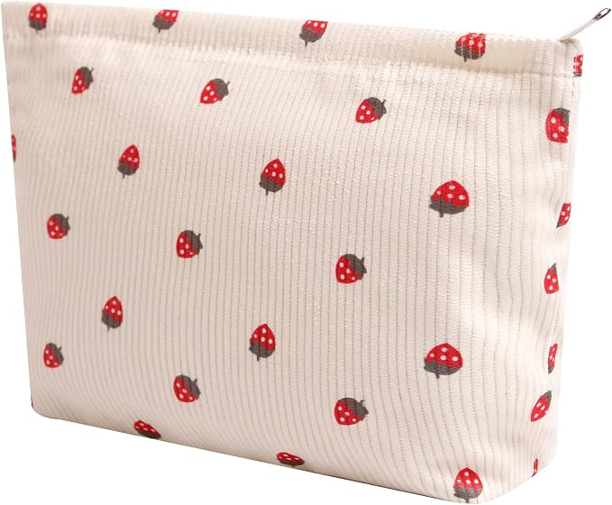 Cosmetic Bags for Women - Corduroy Cosmetic Bag Aesthetic Women Handbags Purses Smile Dots Makeup Organizer Storage Makeup Bag Girls Case Bags (Flowers-Beige strawberry) by Gardsell