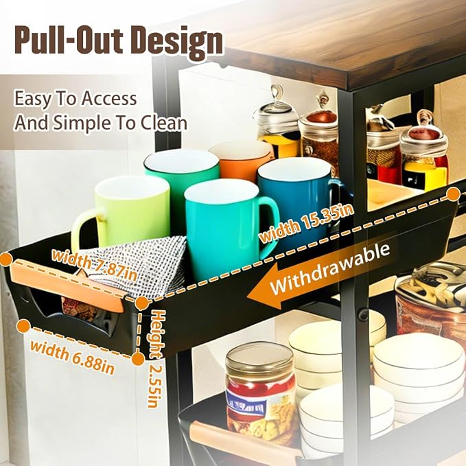 Slim Storage Cart with Wheels Pull-Out 5-Tier Rolling Storage Cart | narrow black 9.45in Wide, Mesh Baskets with Raised Edge, Wood-Grain Top, 360° Lockable Casters, Easy Assembly - Image 3