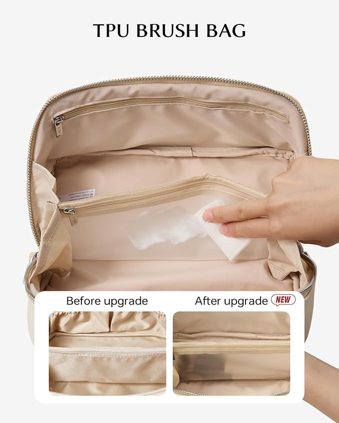 EACHY Travel Makeup Bag for Women, Personalized Initial M Cosmetic Bag | Personalized flat-open organizer with inner pockets, clear TPU brush pocket and reinforced handle for makeup and travel - Image 4
