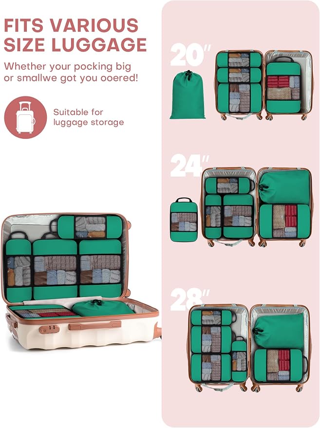SDGFUI 6 PCS Set Compression Packing Cubes for Travel, Lightweight Packing Organizer Bags Travel Essentials for Carry On, Suitcase, Home Closet - Green - Image 3