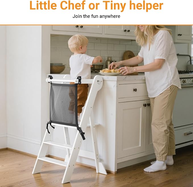 COSYLAND Foldable Toddler Kitchen Stool Helper - Height Adjustable Kitchen Standing Tower for Bathroom Sink or Counter - Step Stool for Toddlers Ages 18 Months to 6 Years White - Image 2