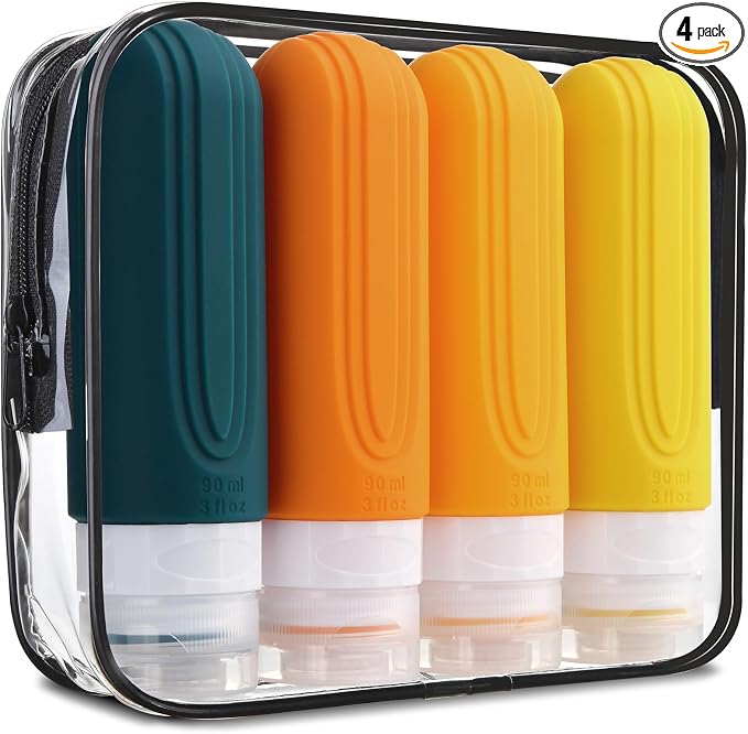 Mrsdry Travel Bottles for Toiletries, Tsa Approved 3oz Travel Size Containers BPA Free Leak Proof Refillable Liquid Silicone Squeezable Travel Accessories for Shampoo Conditioner Lotion (4 Pack) by Mrsdry