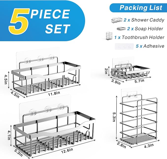 EUDELE 5-Pack Adhesive Shower Caddy Organizer, Large Capacity Rustproof Stainless Steel Shower Shelves, No Drill Bathroom Storage for Shower, Kitchen & Home Decor - Image 6