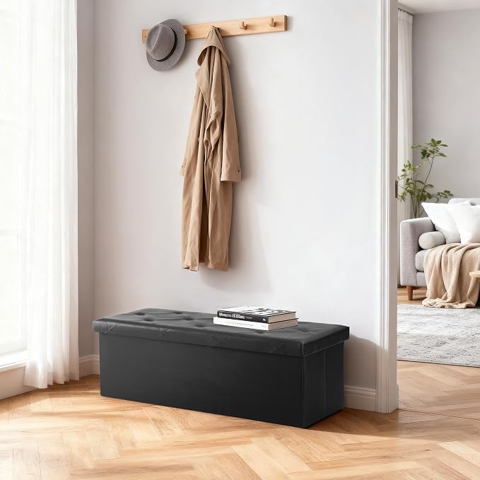 DUMOS 43 Inch Folding Storage Ottoman Bench, Large Ottoman with Storage | Storage Chest with Padded Seat, End of Bed Foot Rest Stool for Bedroom Living Room, Load 660 lbs, Synthetic Leather, Black - Image 4