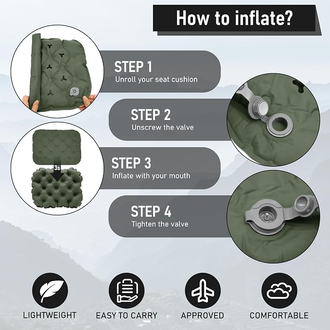 Inflatable Seat Cushion, Lightweight Stadium Seat Pad, Travel Air seat Cushion Anti-Slip for Airplane, Long Flights, Hiking, Climbing, Home and Camping, Compact Air Cushion,Olive Green - Image 7