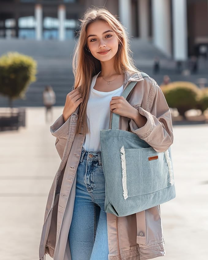BAGSMART Women's Zippered Tote Bag Lightweight Denim Shoulder Bag | Handbag for Work Travel - Image 2