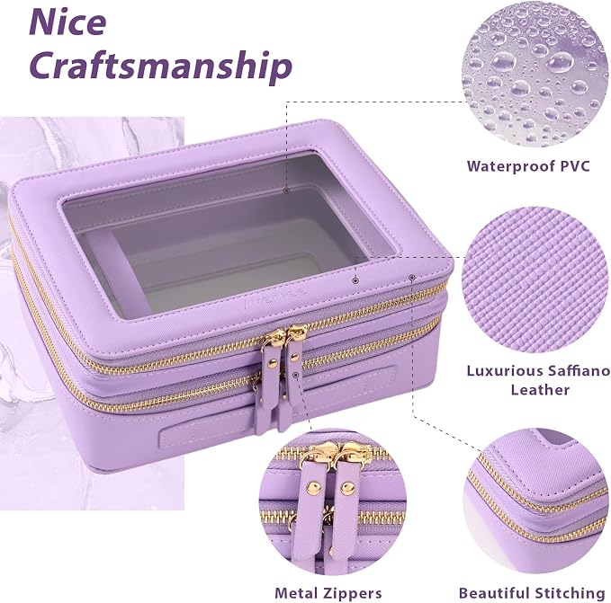 Aveniee Clear Makeup Bags, Double Layer Cosmetic Bags with a Separate Brush Compartment, Large Travel Toiletry Bag Train Case for Women, Travel Accessories Organizer.2 Layers Large, Lilac - Image 3