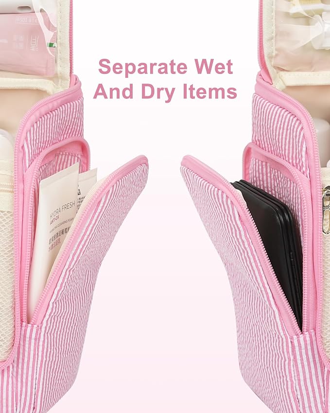 Relavel Hanging Toiletry Bag for Women, Travel Makeup Bag Cosmetic Organizer Toiletries Shower Bag for Travel Essentials, Accessories, Cute Gifts for Girls, Pink - Image 3