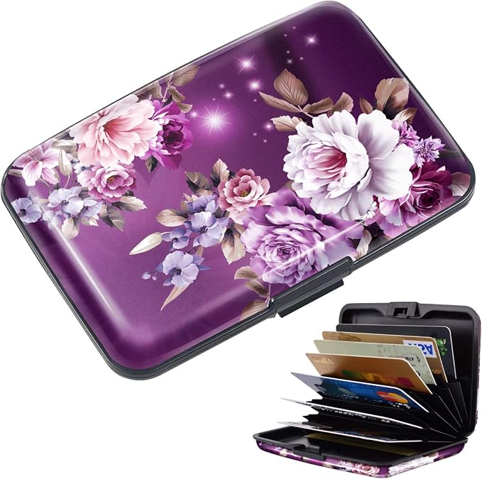 Credit Card Holder for Women,RFID Blocking Slim Hard Mini Flowers Card Case ID Case Travel Wallet Purple - Image 2
