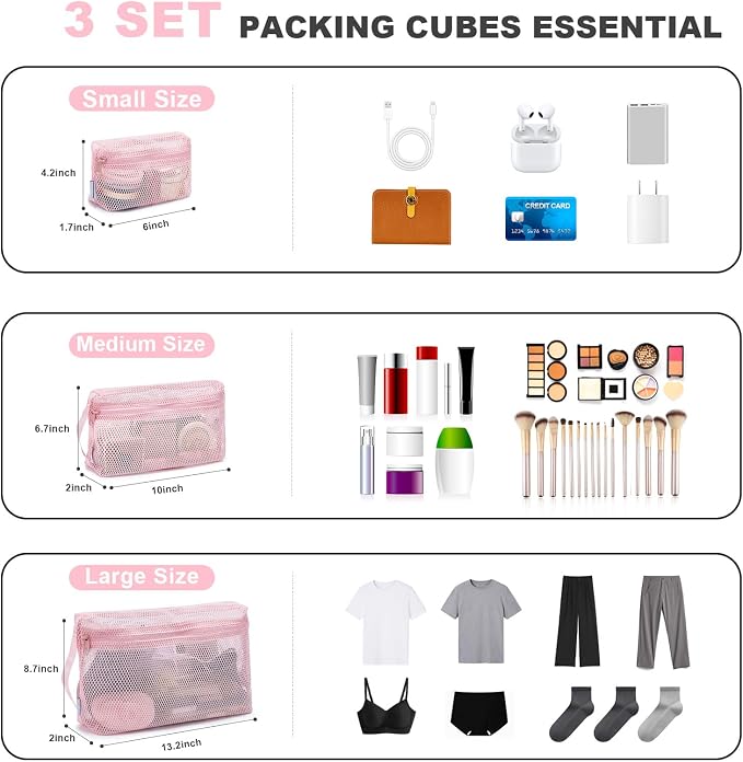 NOL 3-Pack Mesh Travel Toiletry Bags - Clear Zipper Travel Organizer, Airport Carry-On Compliant Reusable Cosmetic Makeup Bag for Women & Men (Pink) - Image 2