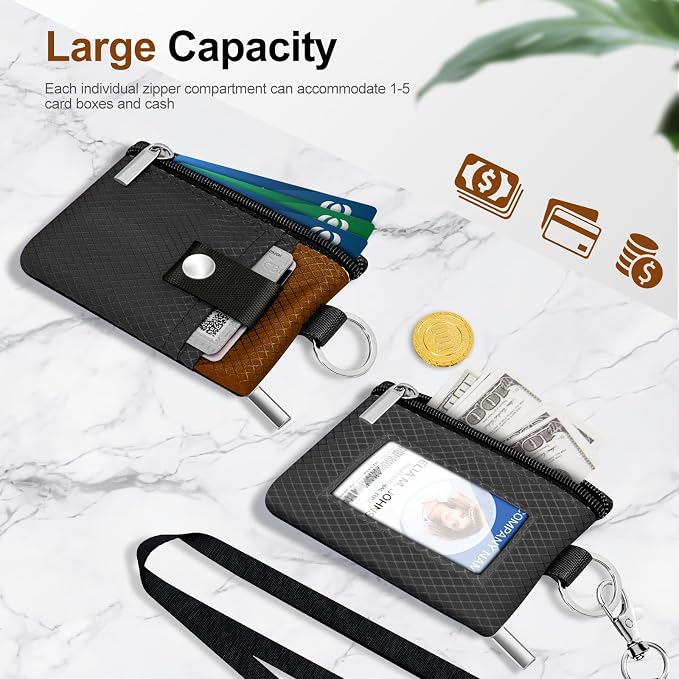 Minimalist RFID Blocking Small Wallet with ID Window,WaterResistant Zip Id Case Wallet with Lanyard Keychain for Cards,Cash,Travel,Women,Men（Drak Grey/Brown） - Image 6