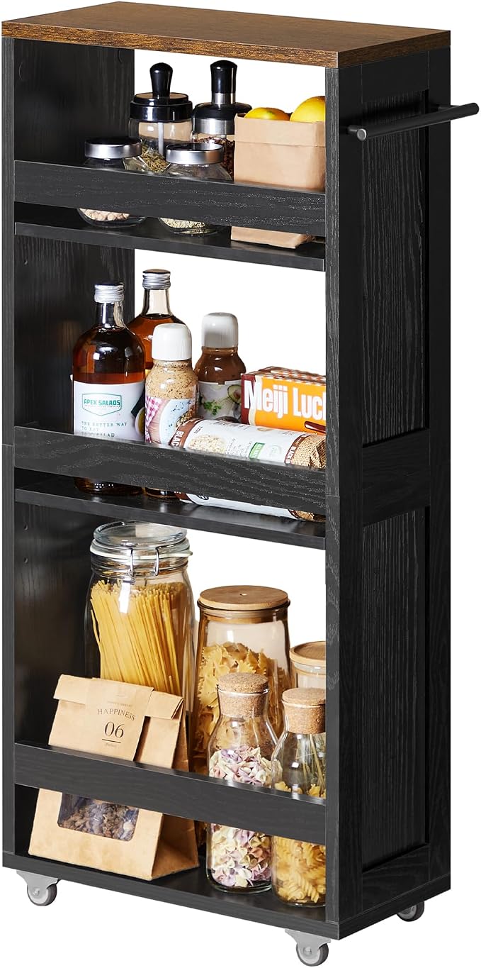 VASAGLE 4-Tier Slide-Out Storage Cart, Slim Kitchen Cart for Small Spaces, with Wheels, Handle, Bathroom, Laundry Room, 7.9 x 17 x 34.1 Inches, Ebony Black and Rustic Brown ULRC051K02 by Unknown