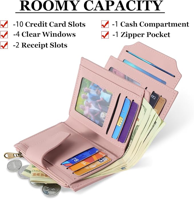 Small Wallet Women RFID Blocking Soft Leather Bifold Compact Card Holder Wallet for Women with Zipper Coin Pocket 4 ID Window - Image 2
