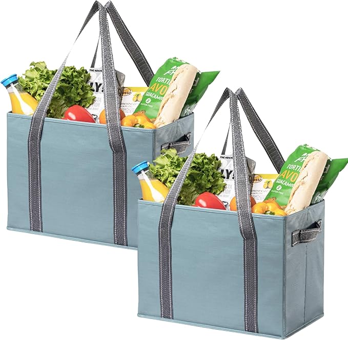 VENO 2 Pack Extra Large Reusable Grocery Shopping Bags Utility Tote | Water Resistant, Storage Box w/ Sturdy Side Handles & Hard Bottom, Foldable for Groceries Shopping Cart(Blue, 8 Gallon) by Veno
