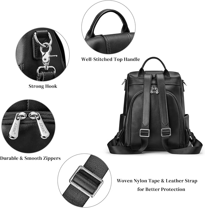 S-ZONE Leather Backpack Purses for Women Antitheft Rucksack Shoulder Bag Medium | Genuine Leather, Medium Fits 9.7-inch Tablet, for Work Travel Daily Commute, Multi Pockets, Adjustable Dual Straps - Image 5