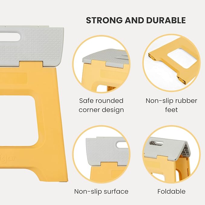 Vigar Compact Folding Step Stool, 12-1/2 in, Yellow | 12-1/2 in Foldable Stool, Lightweight Portable Design, Handle, Non Slip Surface, Space-Saving, Supports up to 330 lb - Image 4