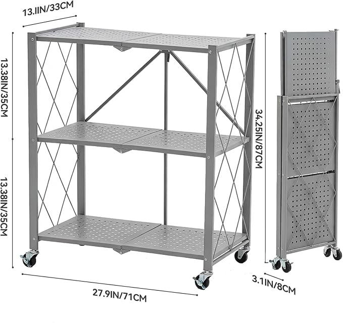 BRIAN & DANY 3-Tier Foldable Storage Shelves with Wheels, No Assembly Folding Shelf Metal Rack, Shelving Unit for Kitchen, Garage, Gray - Image 3