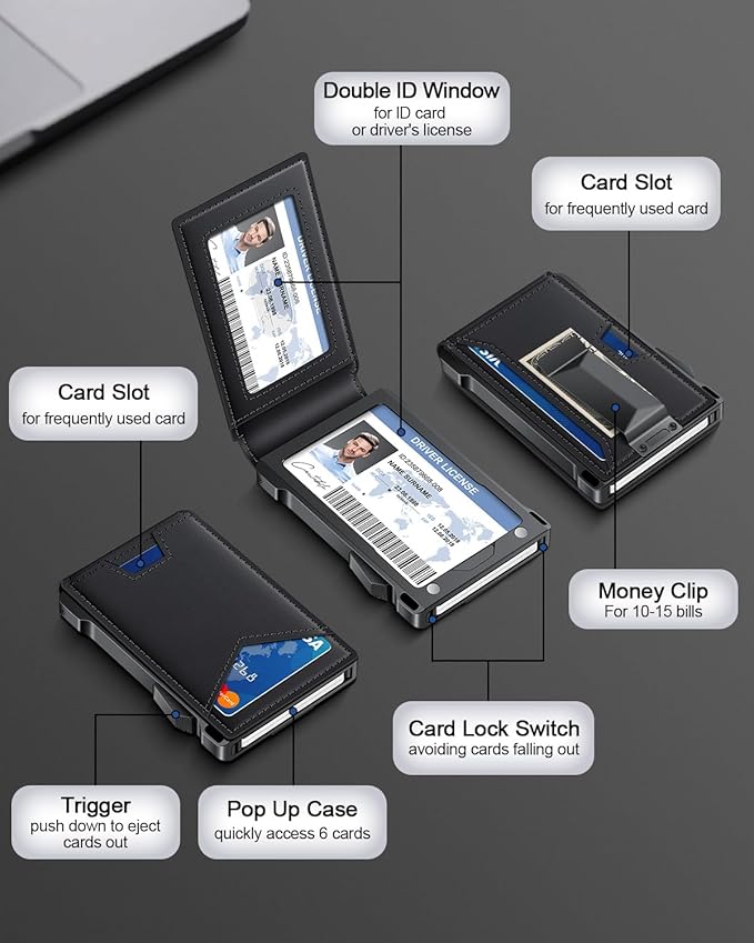 Wallet for Men RFID Wallet with 2 ID Windows & Money Clip, Slim Pop Up Card Holder for 10-12 Cards, Bifold Minimalist Smart Wallet for Front Pocket, Compact Metal Credit Card Holder, Gifts for Men - Image 6