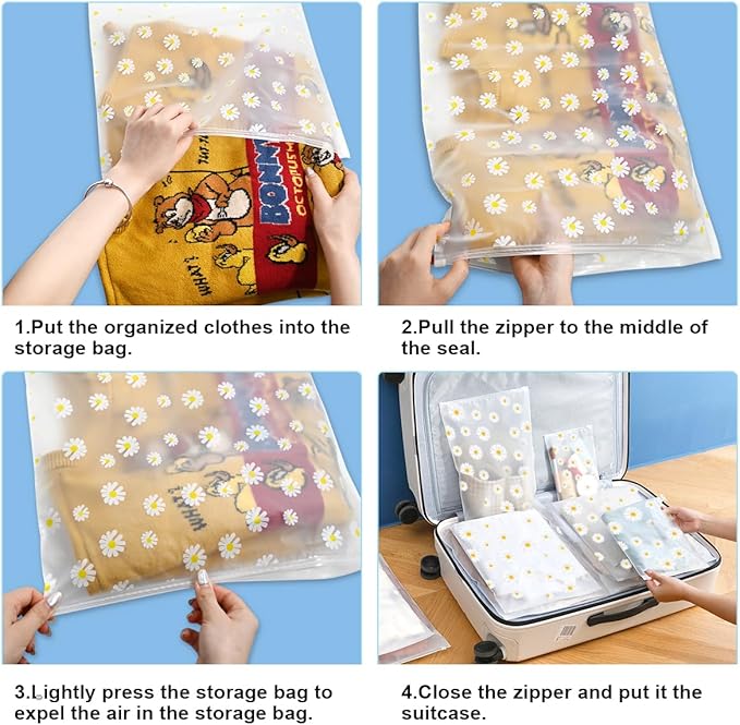 30PCS Travel Storage Bags for Clothes, Clear Plastic Ziplock Bags, 5 Size | Daisy Pattern, Reusable Zipper Pouches, Waterproof Resealable Clothing Zipper Bags, Luggage Organizer, Shoes Cosmetics Use - Image 6