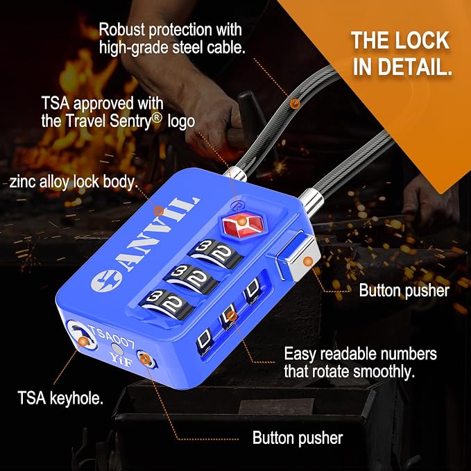 ANVIL TSA Locks for Luggage with Search Alert: Durable Cable Combination Locks, TSA Approved - Secure Travel Locks for Suitcases, Backpacks & Gun Cases (2, Blue) - Image 8