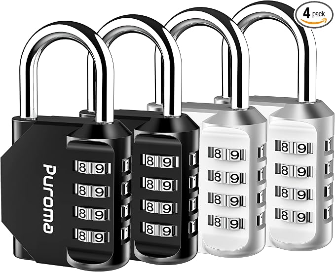 Puroma 4 Combination Lock Locker 4 Digits Combo Padlock Gym Silver & Black | For School Gate Fence Toolbox Hasp Storage, Outdoor, Resettable, Weatherproof, Side Window, Crack Cut Resist, Hardened Steel by Puroma