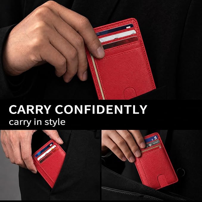 Slim Minimalist Front Pocket RFID Blocking Leather Credit Card Holder, Small Compact Wallet with ID Window for Men and Women (Red) - Image 4